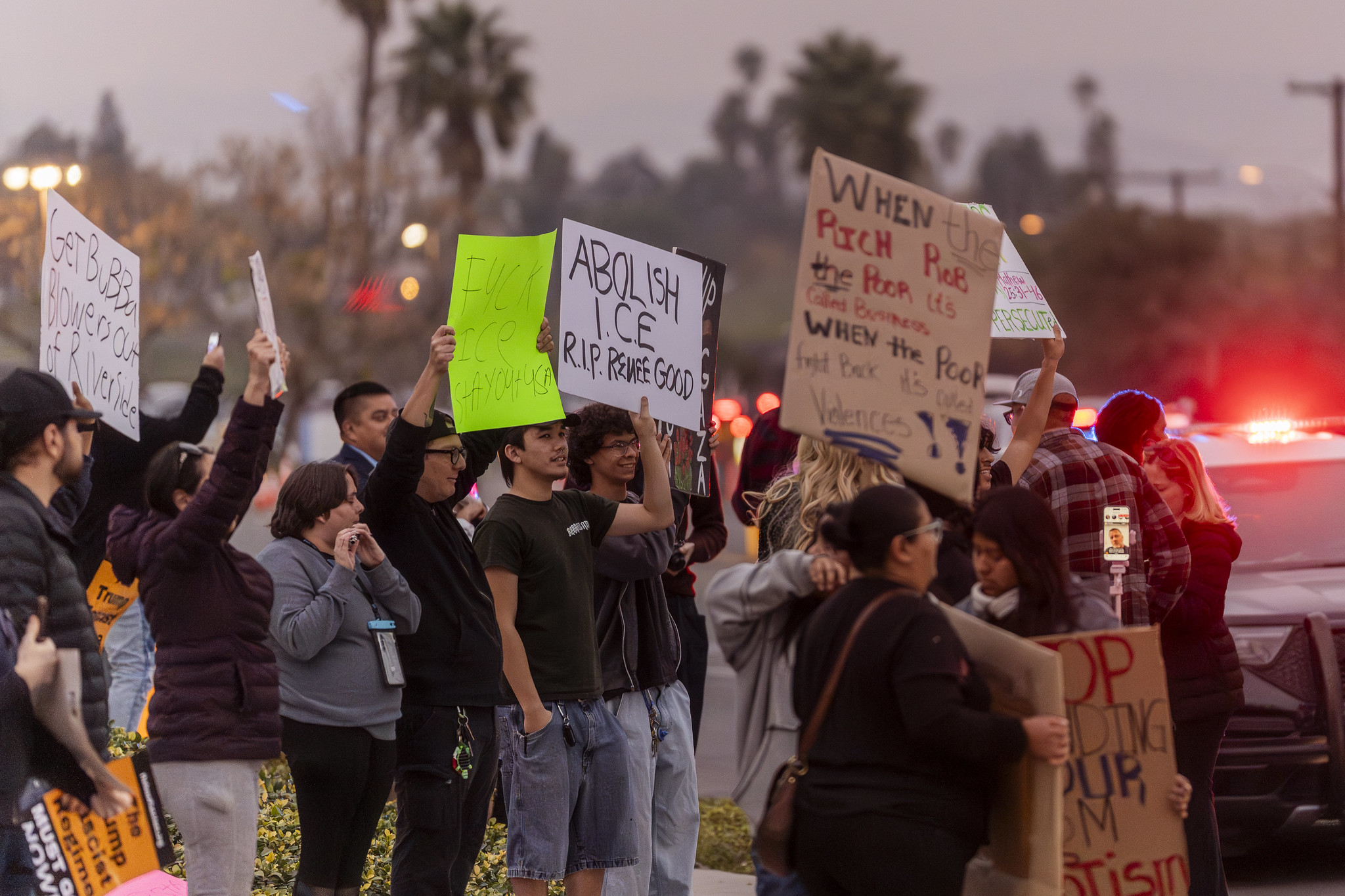 Protesters stand in front of Harvest Church in Riverside Ca protesting ICE and the visit from Erika Kirk on Jan 21, 2026